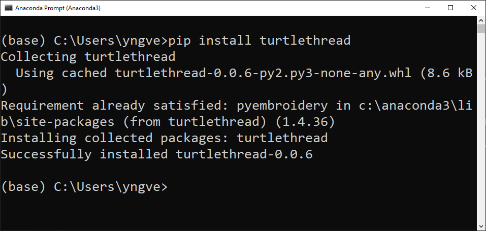 Screenshot from the terminal after installing TurtleThread