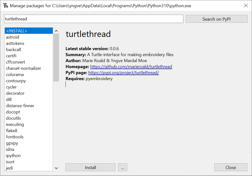 Screenshot of Thonny showing the information page for TurtleThread before TurtleThread is installed.