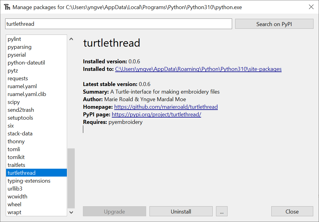 Screenshot of Thonny showing the information page for TurtleThread after TurtleThread is installed.